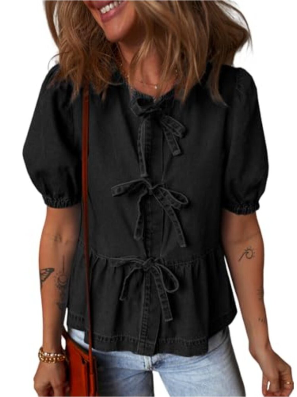 Womens Denim Shirt Bow Tie Front Puff Sleeve Babydoll Peplum Blouse Cotton Blend